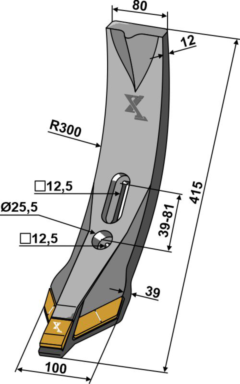 Scharspitze Hartmetall für Grubber-Stiele mit Radius 300mm, Lochabstand 39 - 81 mm
