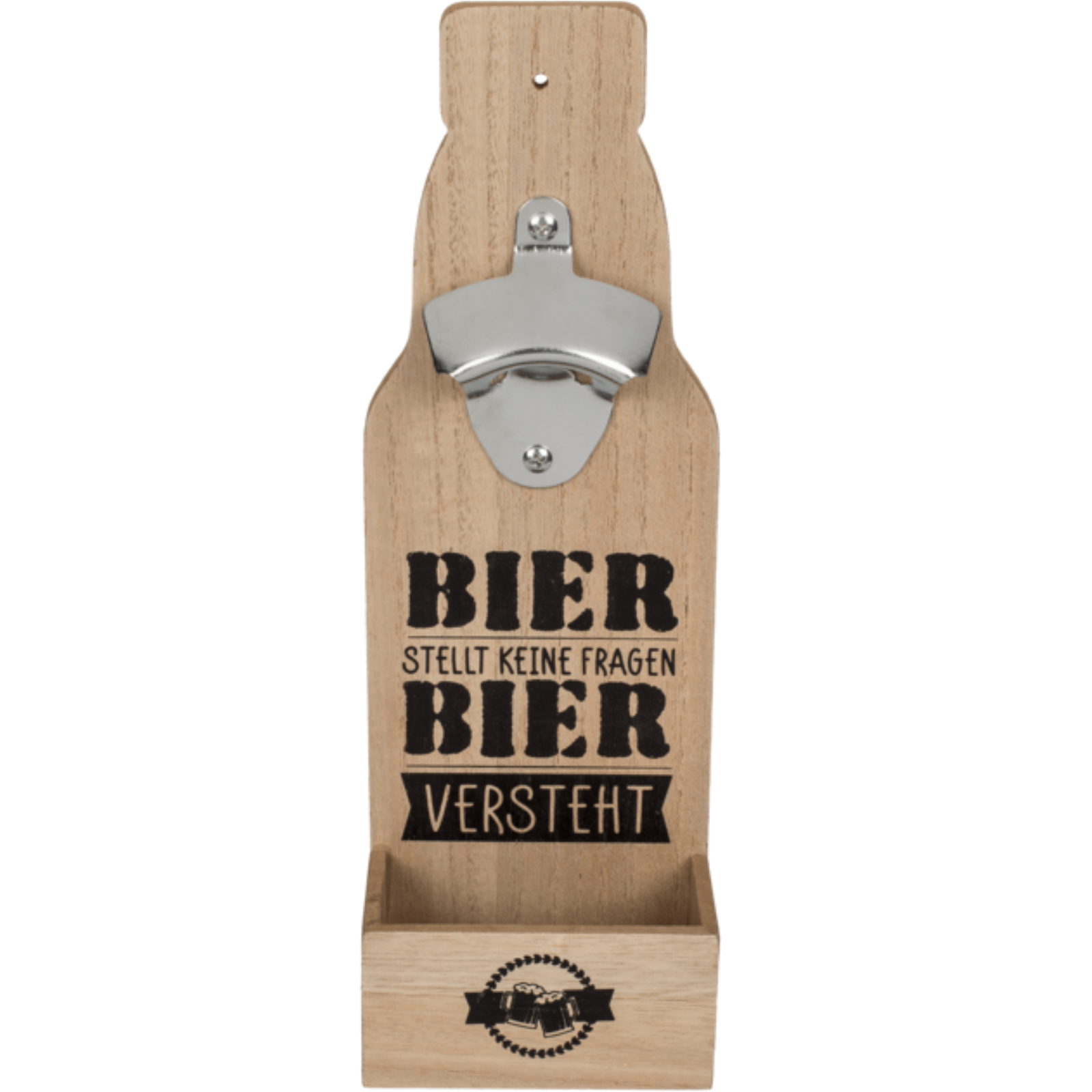 Flaschenöffner Metall auf Holzbrett