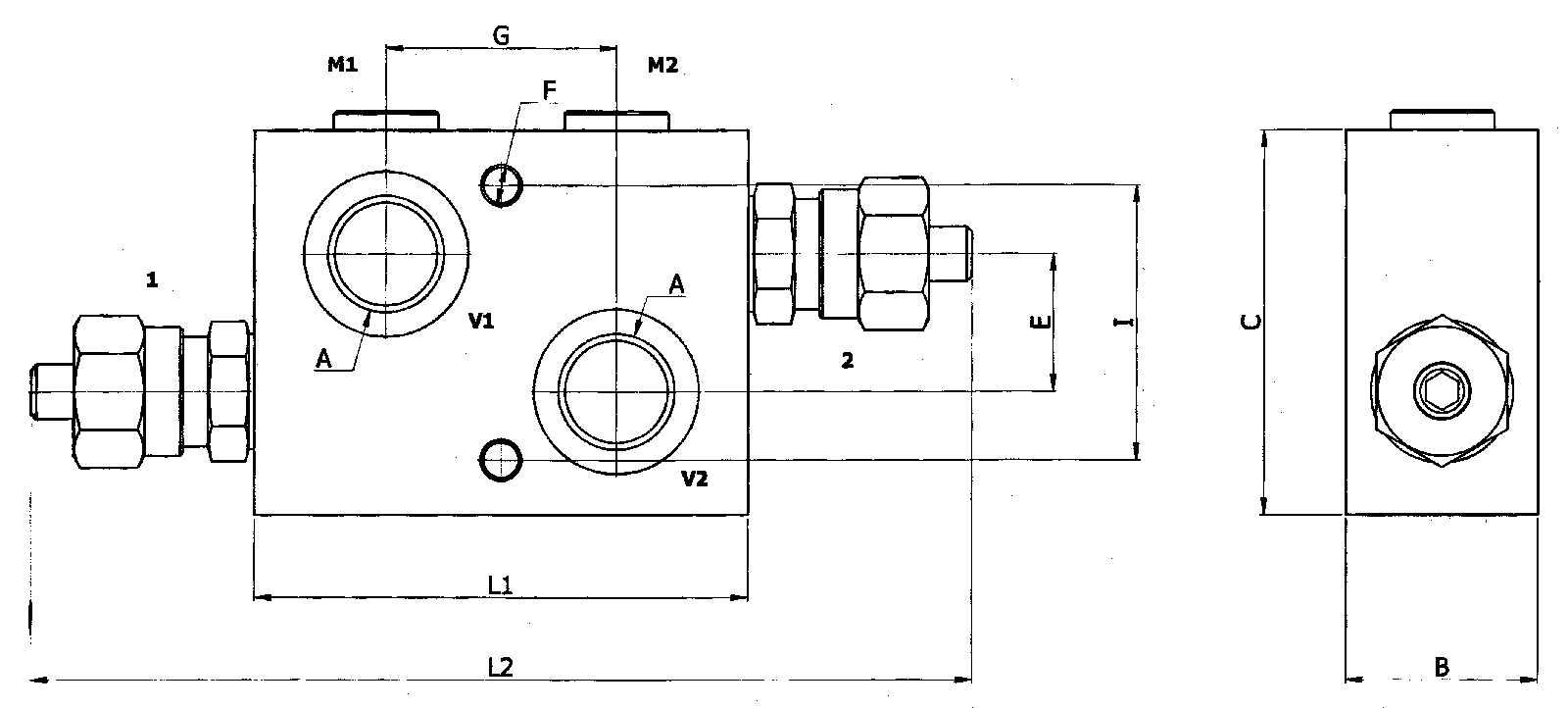Schockventil doppeltwirkend, Durchfluss 35 L/min, max. Druck 350 bar, mit Manometeranschluss