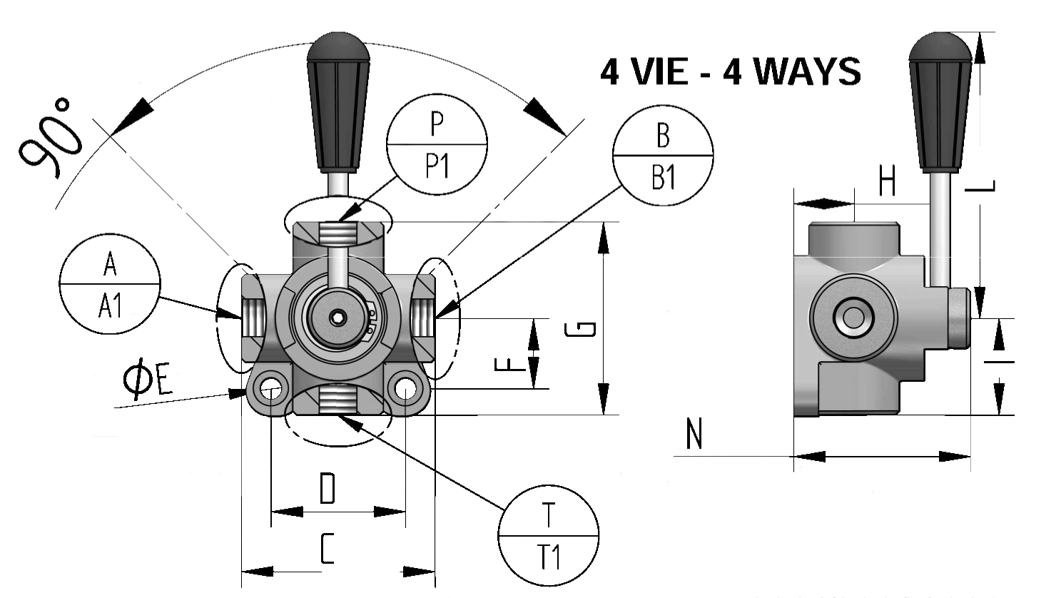 4/3-Wegeventil mechanisch umschaltbar, Mittelstellung geschlossen, für Rohrleitungseinbau