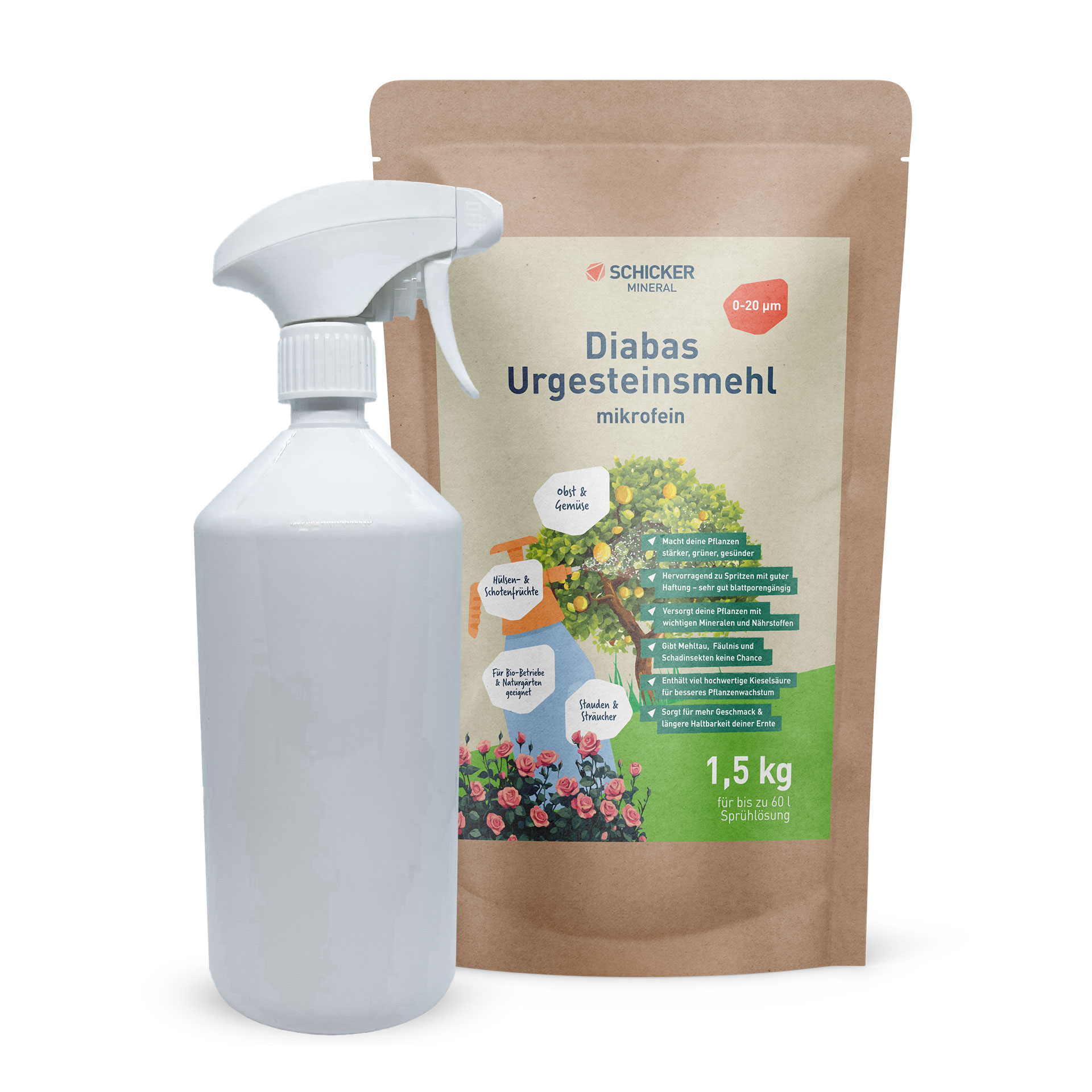Diabas Urgesteinsmehl mikrofein Sprüh-Set - 1,5 kg Sack + 1.000 ml Sprühflasche